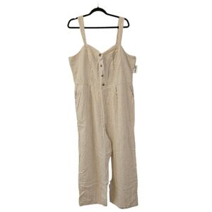 Cream and White Old Navy Women's Button-Front Linen-Blend Cami Jumpsuit